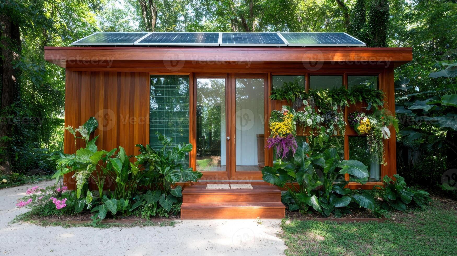 Sustainable cabin nestled in the woods with solar panels for eco-friendly living photo