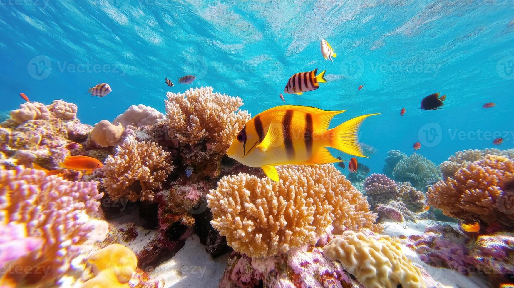 Vibrant coral reef teeming with colorful fish swimming in crystalline blue waters photo