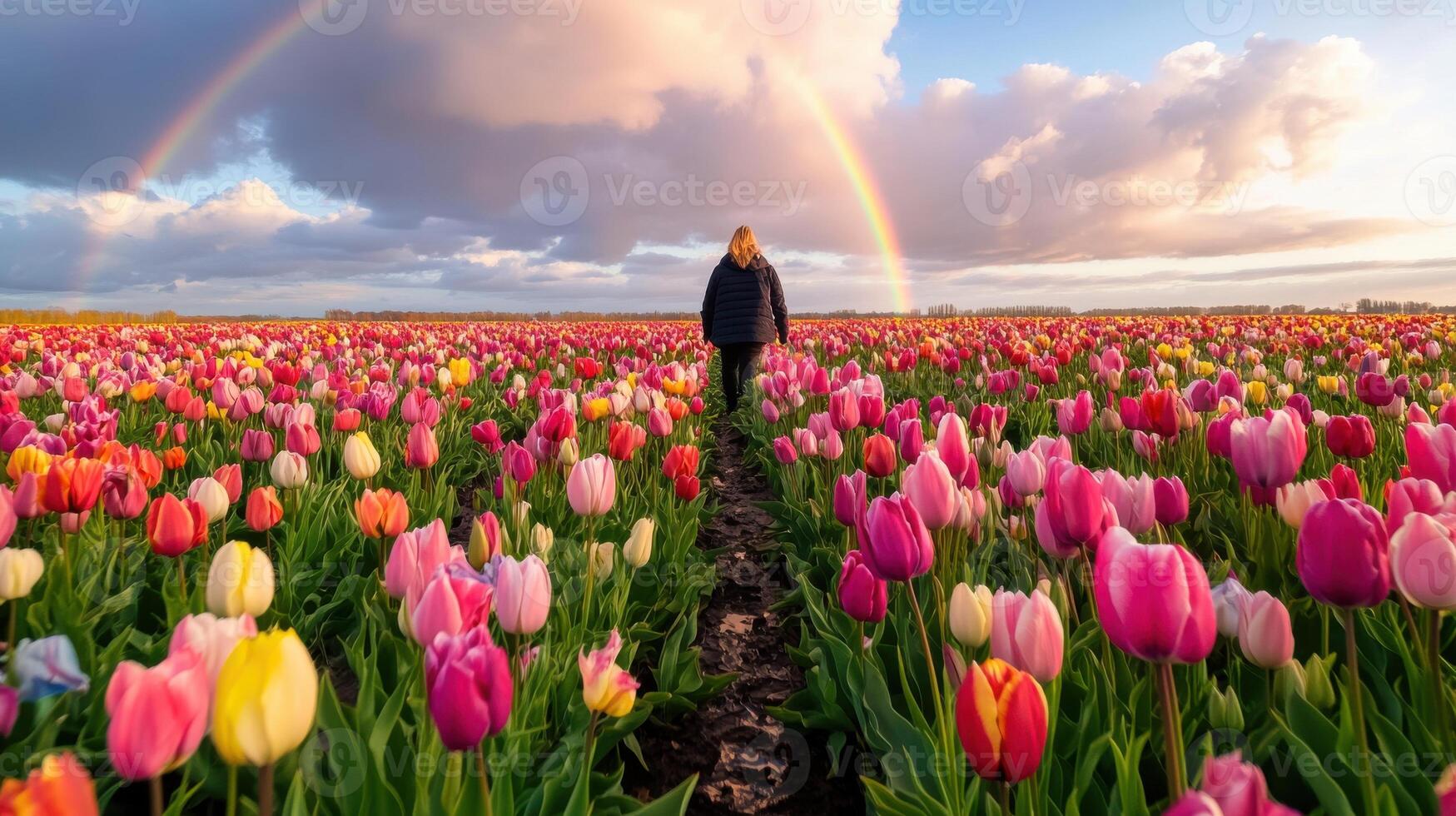 Vibrant rainbow arches over vast tulip field with blooming flowers and a person walking towards the horizon photo