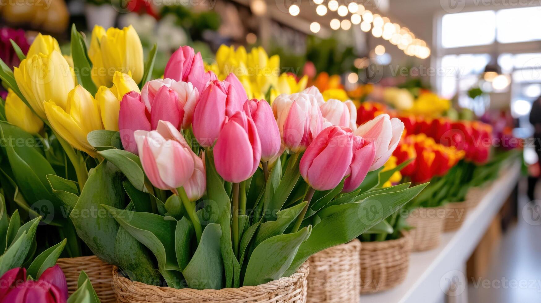 Vibrant spring farmers market showcasing colorful tulips and fresh produce on a sunny day photo