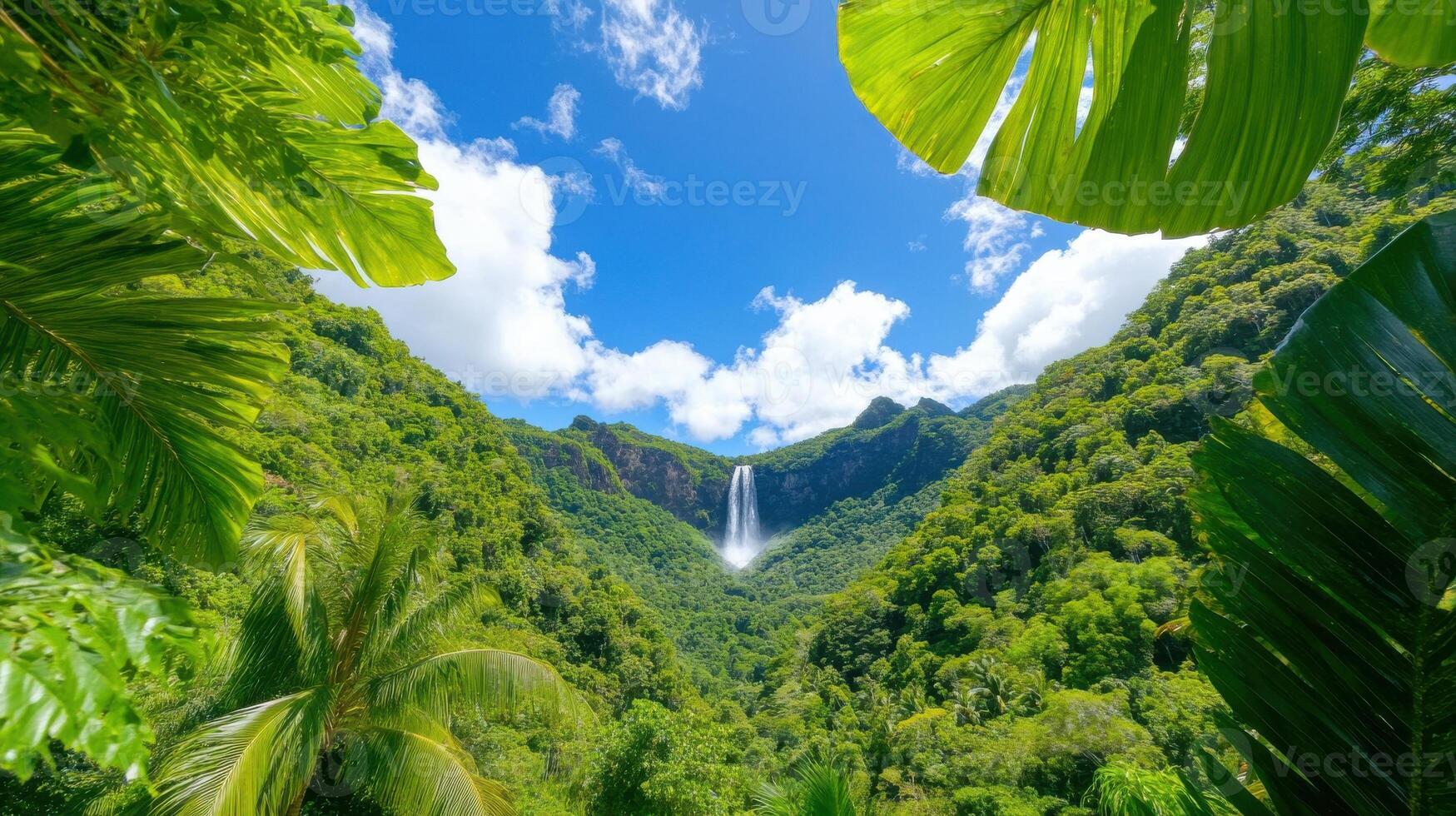Tranquil rainforest with misty trees and a stunning waterfall surrounded by lush greenery photo