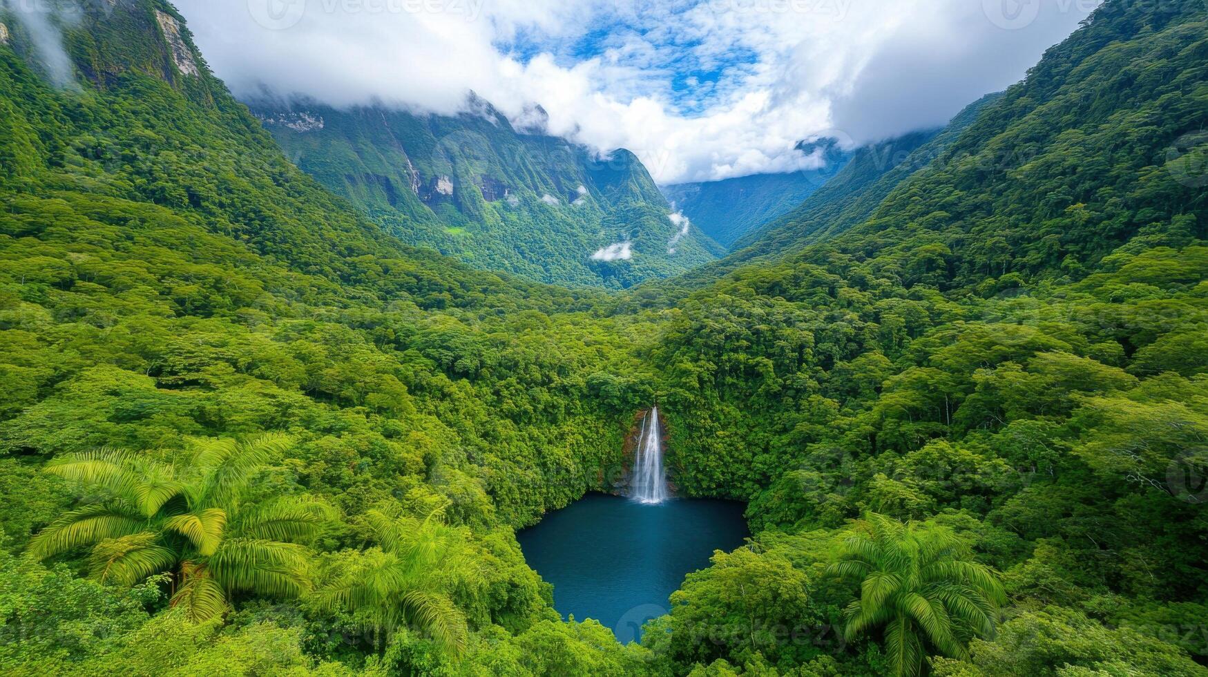 Tranquil rainforest with misty trees and a waterfall surrounded by lush greenery in a serene landscape photo