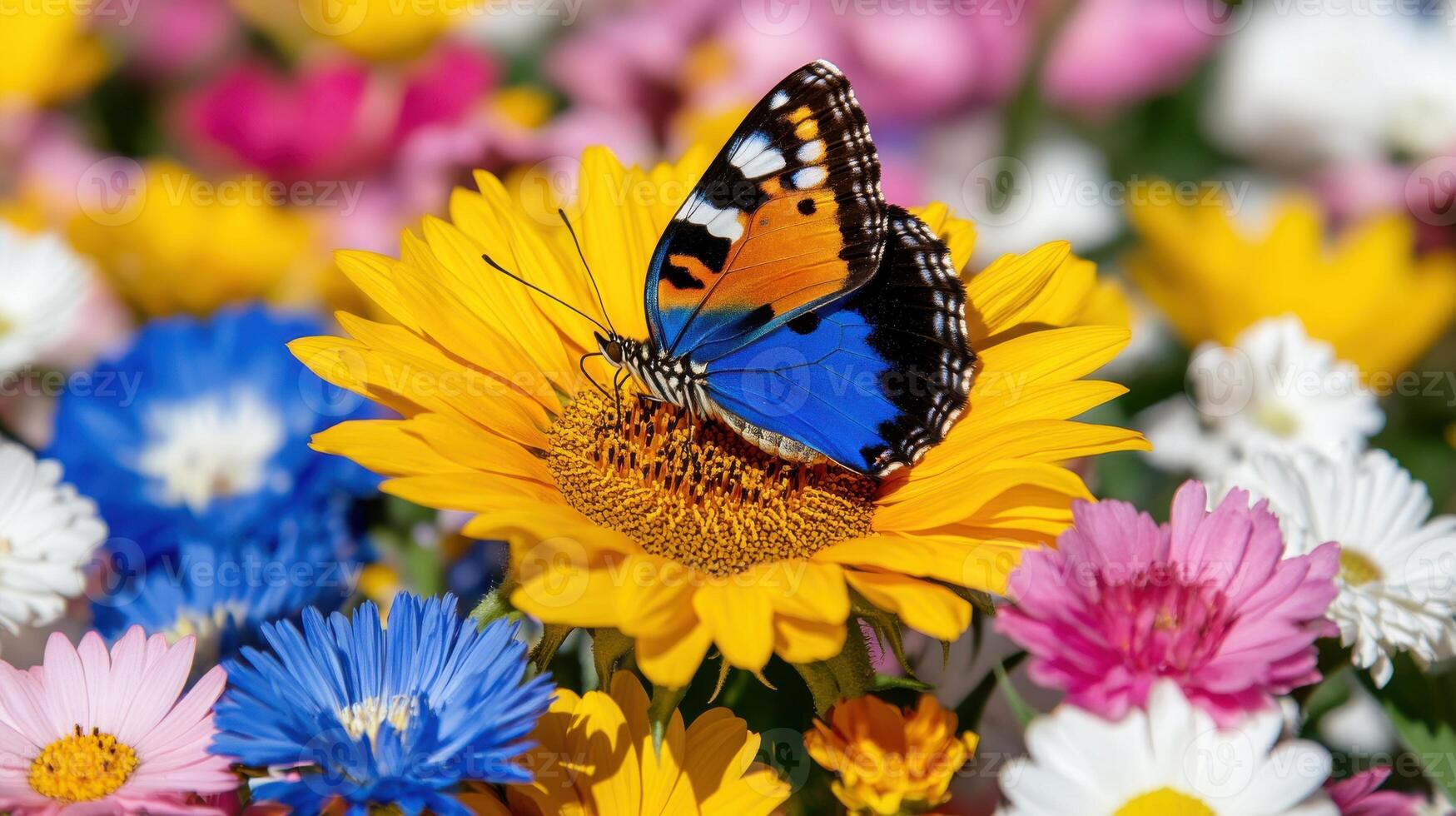 Vibrant butterfly perched on a bright yellow flower surrounded by colorful blooms in a sunny garden setting photo