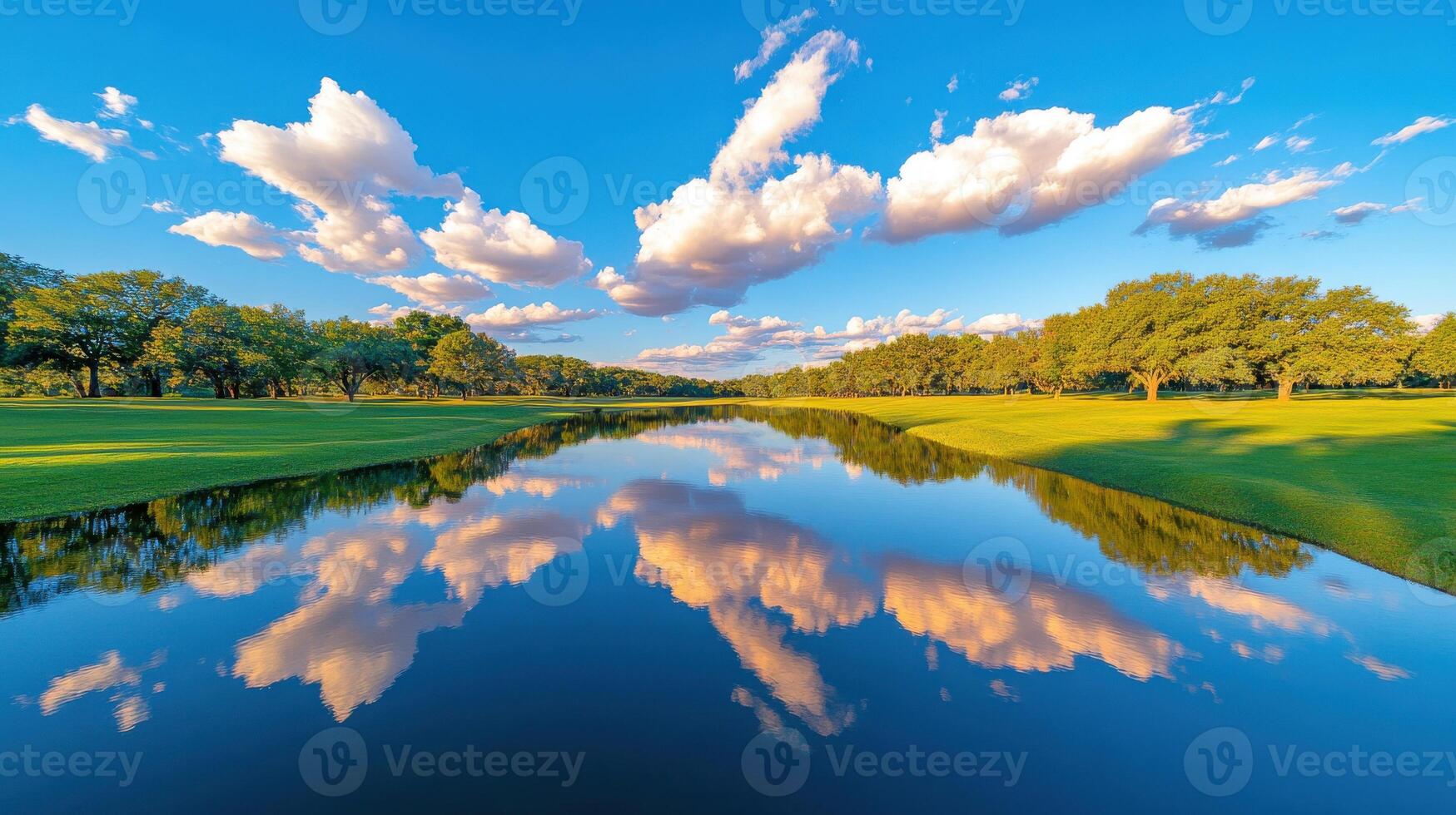 Tranquil lake reflecting warm hues of sunset against a picturesque landscape of trees and clouds photo