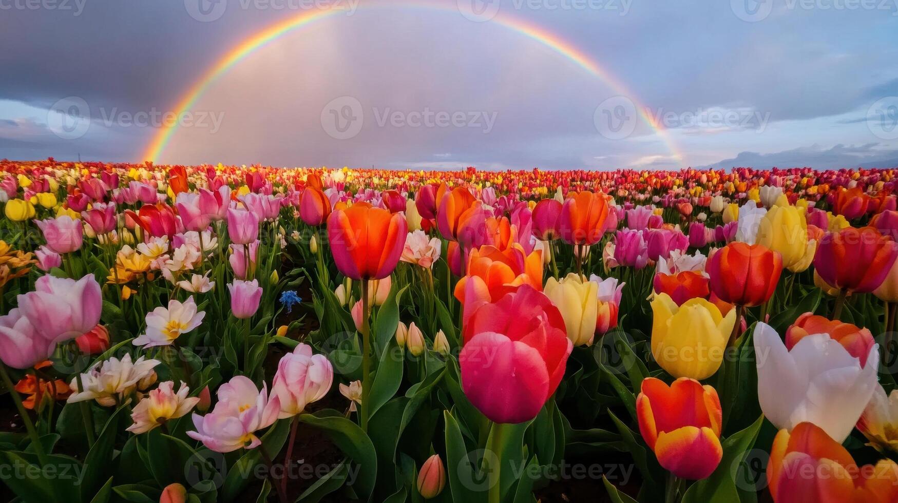 Vibrant rainbow arching over a vast field of colorful tulips during a spring bloom at sunset photo