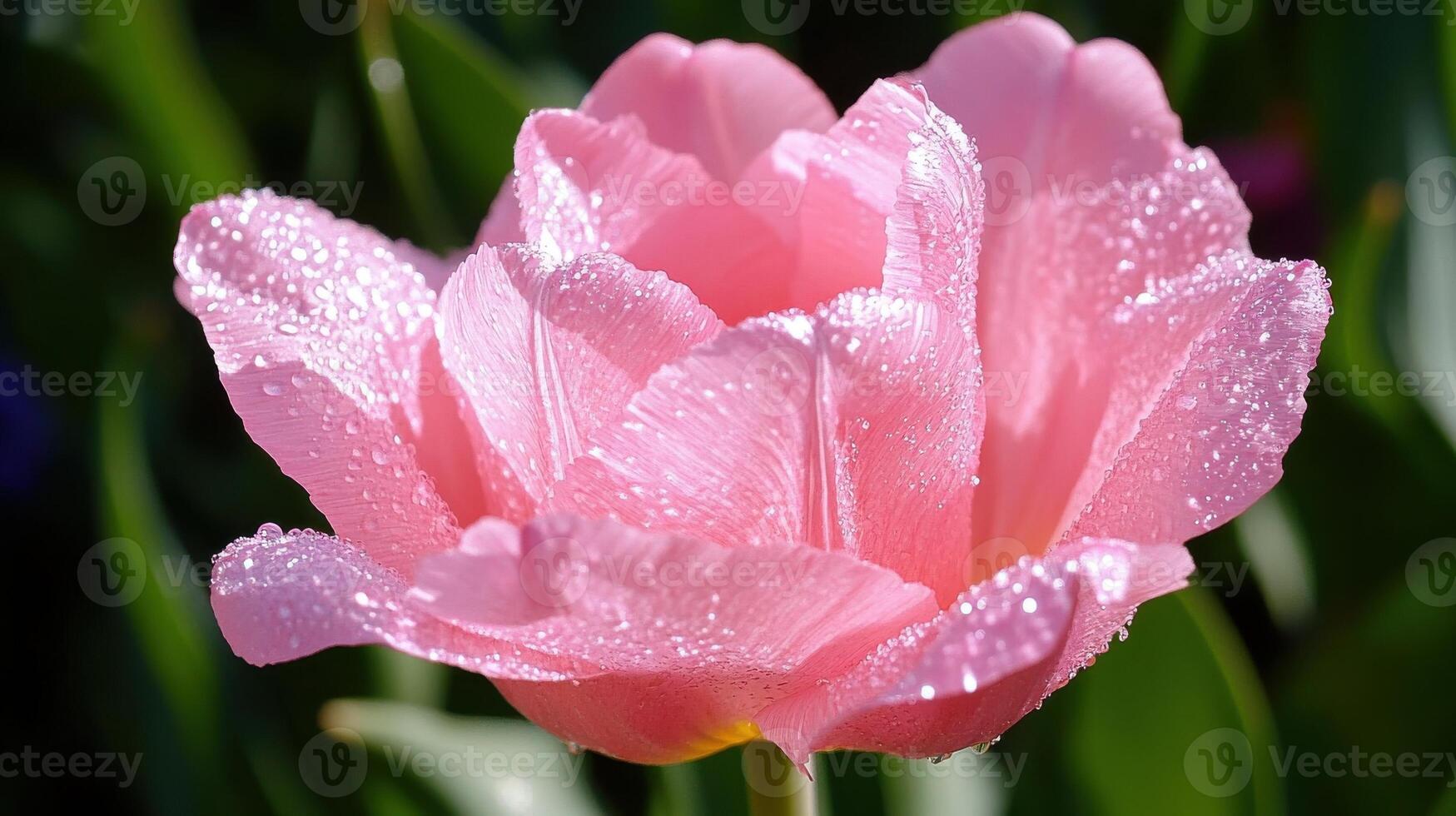 Macro shot captures the beauty of a delicate pink tulip adorned with water droplets in a vibrant garden during spring photo