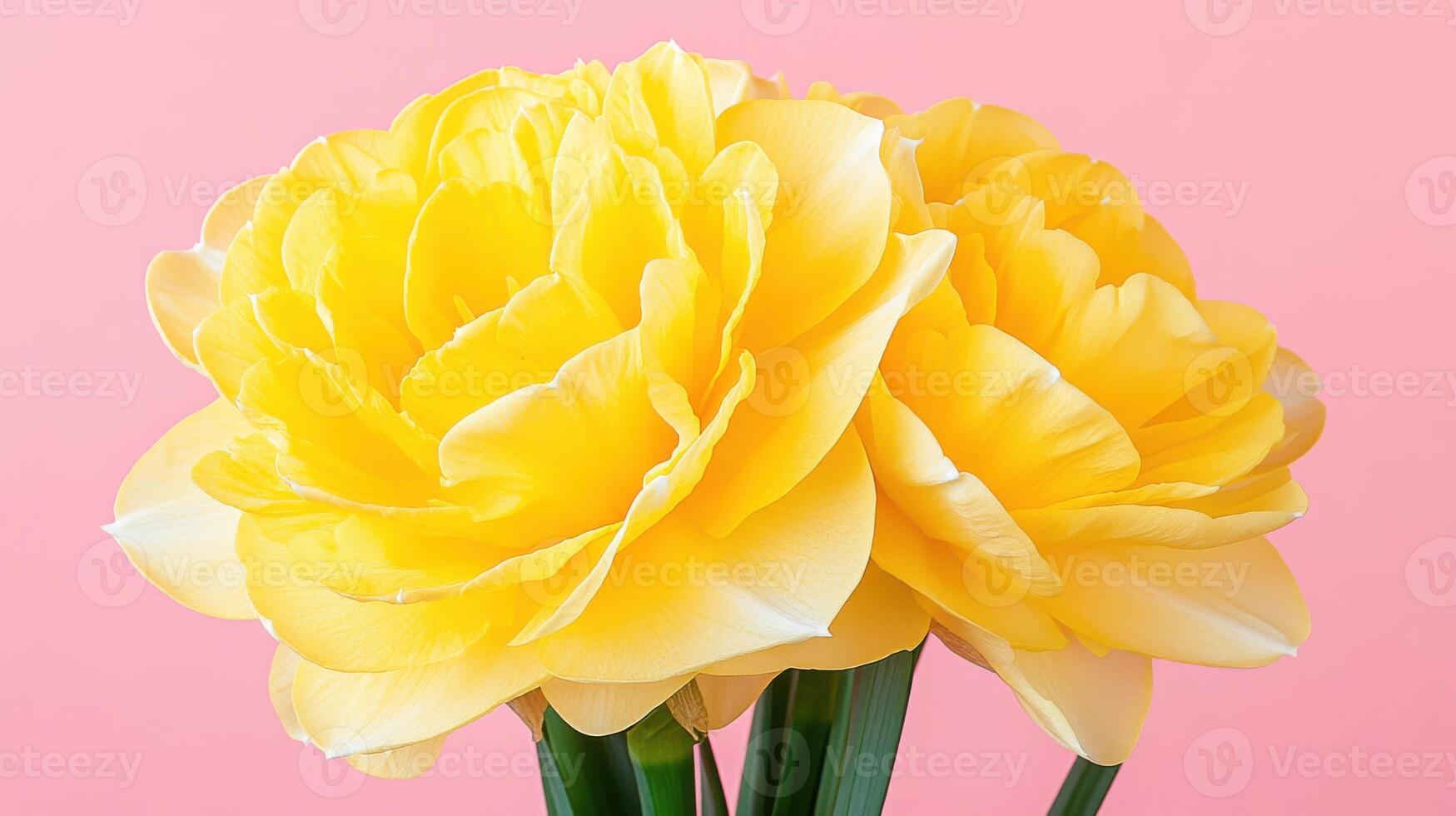Extreme close-up captures the intricate petals of a vibrant golden daffodil against a soft pink background photo