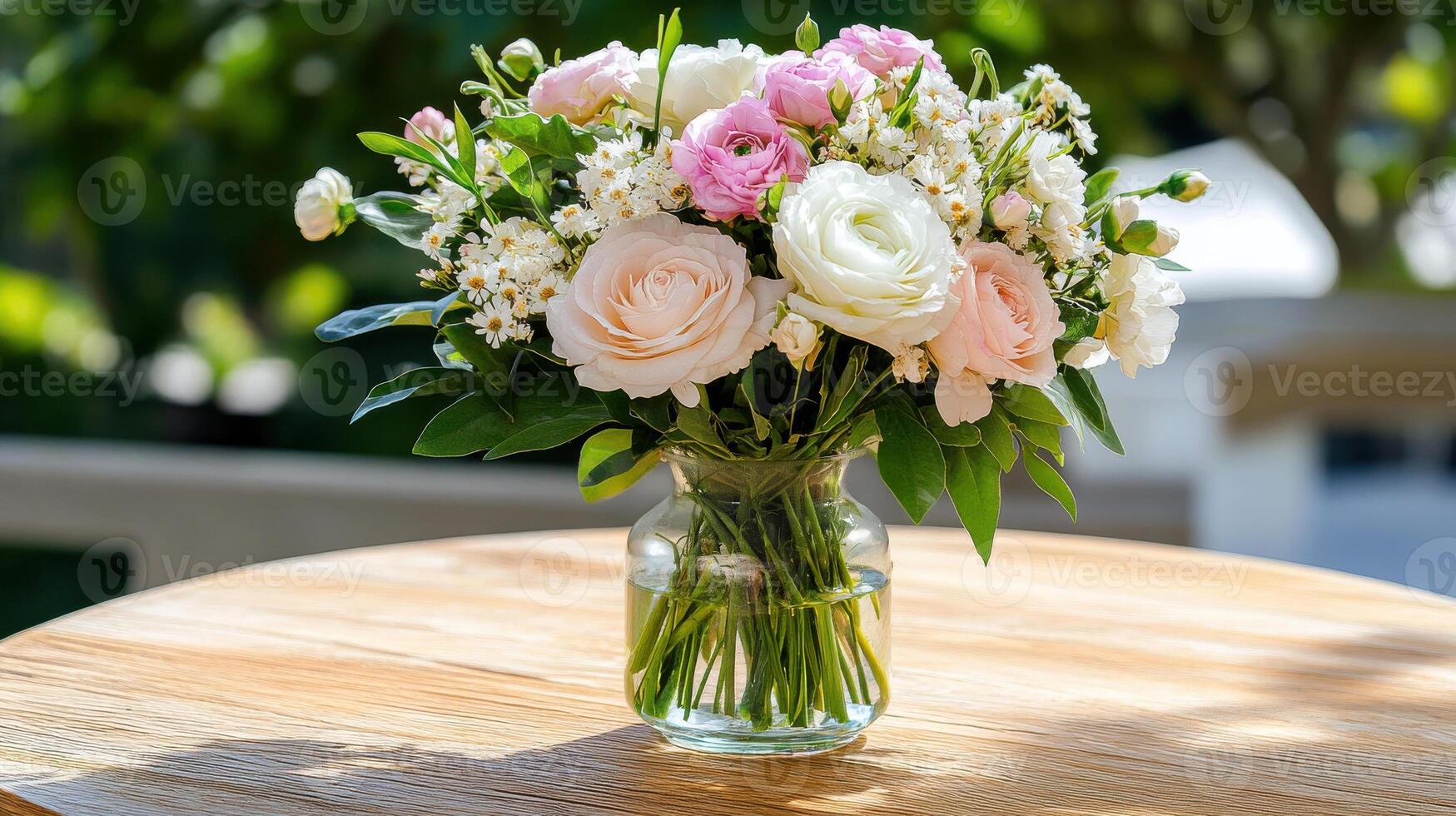 Beautiful flowers arranged in a glass vase on a rustic wooden table outdoors surrounded by greenery photo