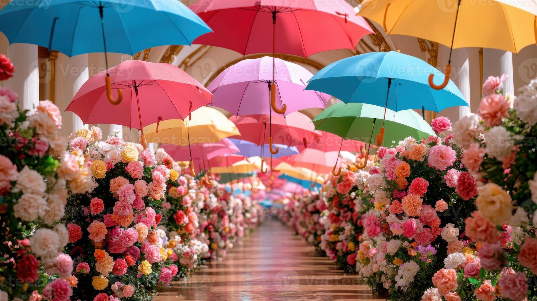 Whimsical spring display with colorful umbrellas and blooming flowers in a vibrant setting photo