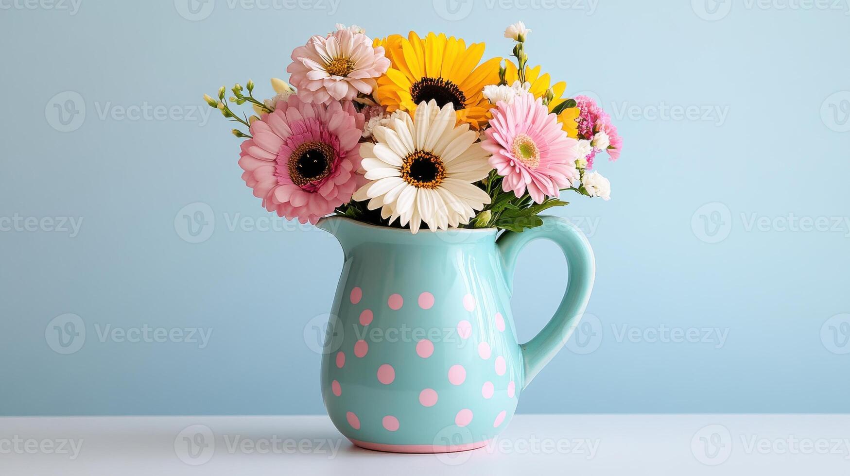 Whimsical pastel polka dot pitcher filled with vibrant flowers on a soft blue background photo