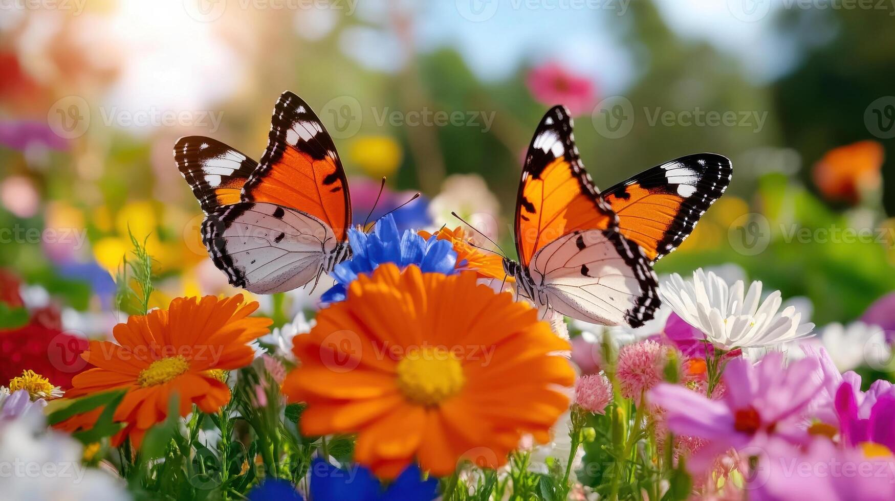 Whimsical spring garden showcasing vibrant flowers and butterflies fluttering gracefully in the sunlight photo