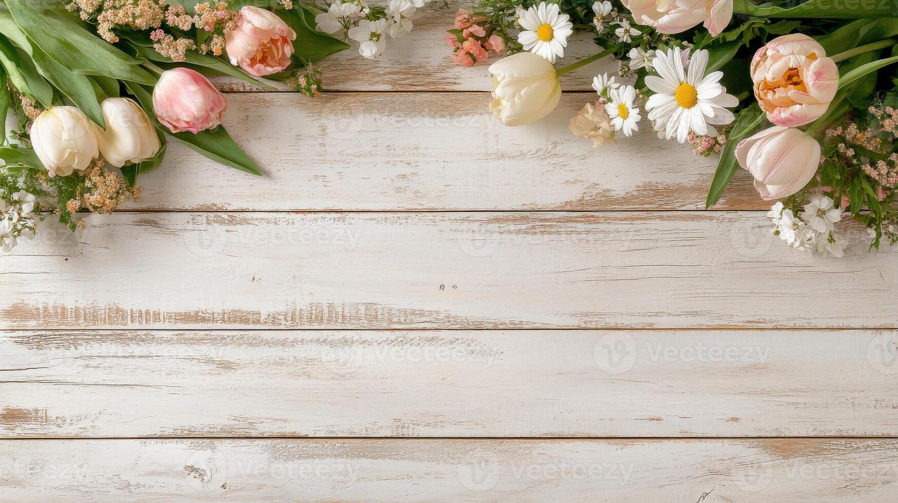 Vibrant pastel tulips and fresh flowers arranged on rustic wooden planks for spring decor photo