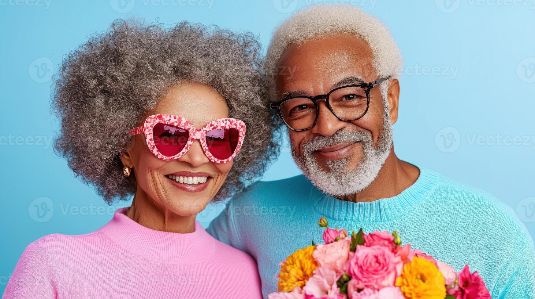 Celebrating love and joy, an elderly couple shares a joyful moment with flowers against a bright blue backdrop photo