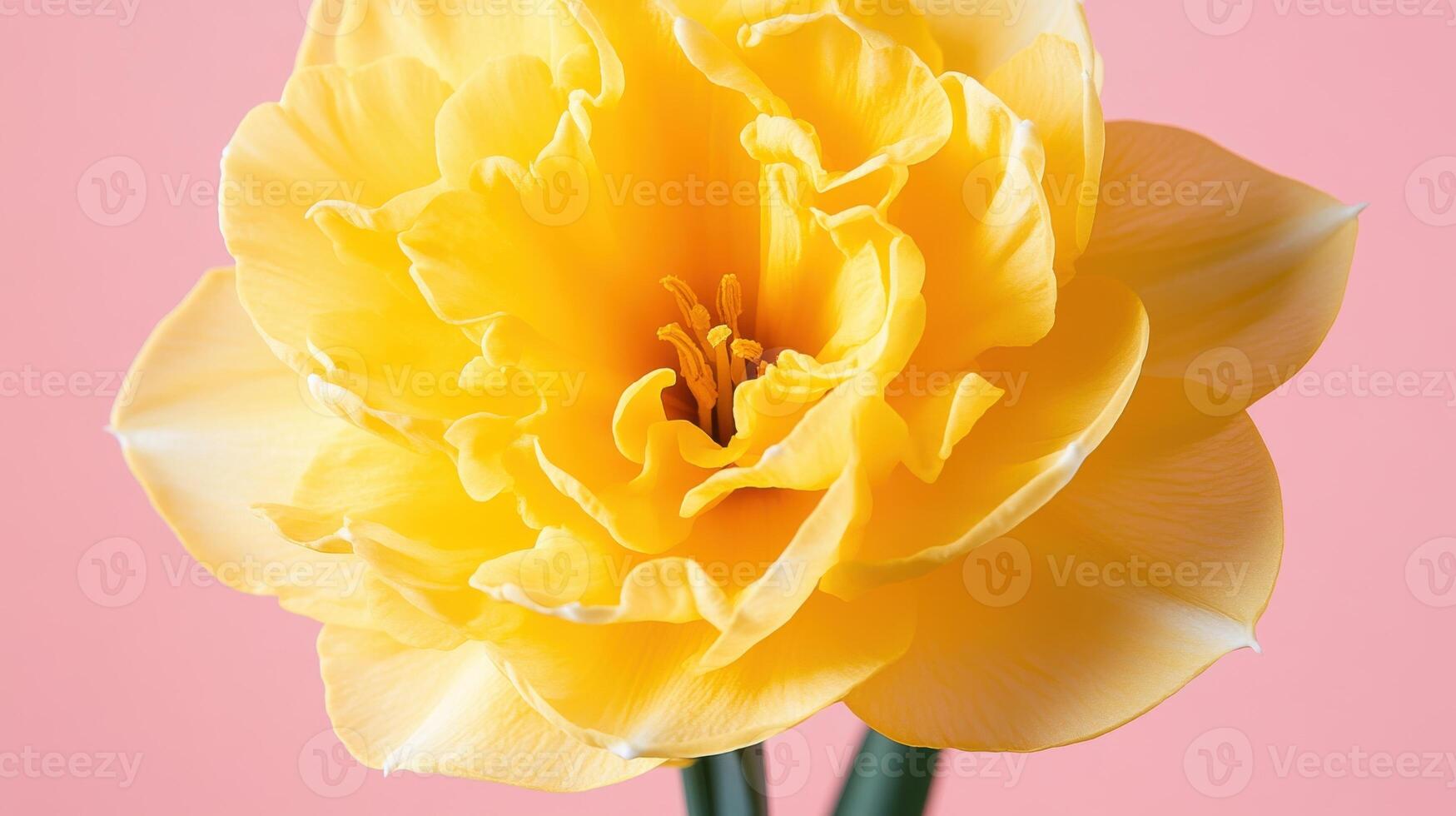 Golden daffodil blooms in stunning detail against a soft pink backdrop showcasing its elegance and beauty in early spring photo