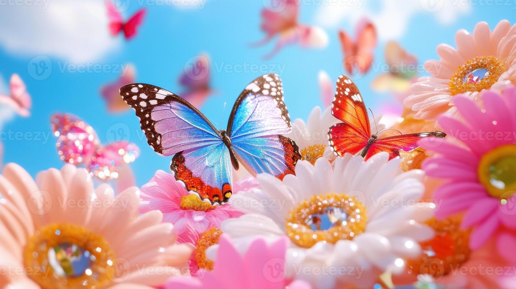 Colorful butterflies fluttering around a vibrant bed of fresh flowers under a bright blue sky during a sunny day in springtime photo