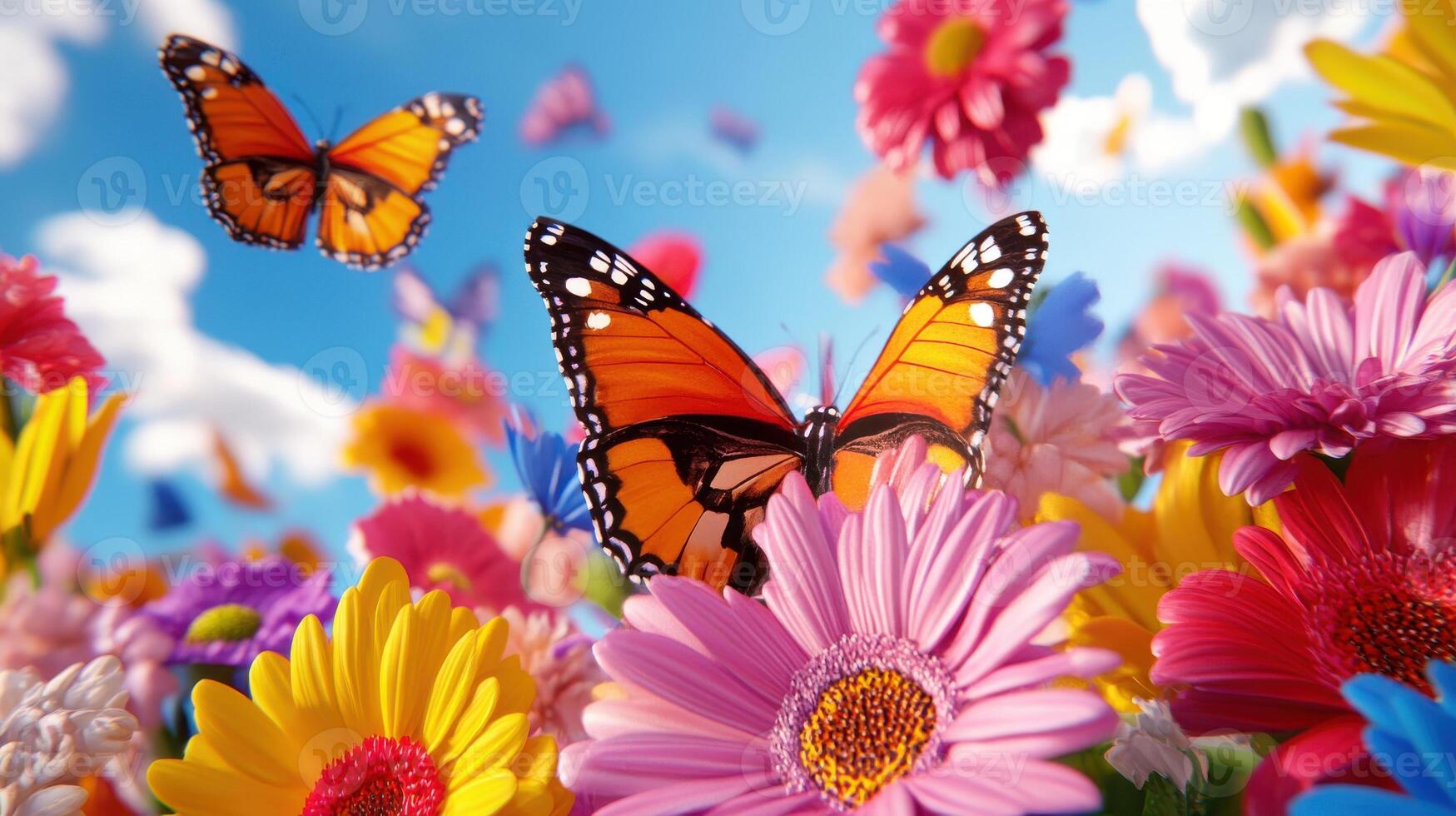 Butterflies fluttering around a vibrant bed of colorful flowers on a sunny day photo