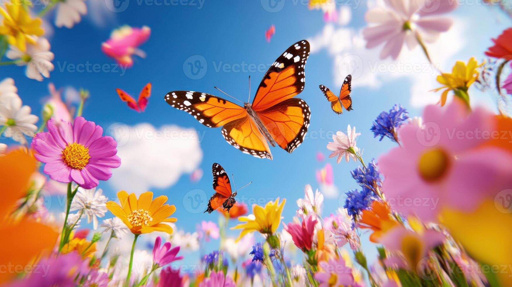 Butterflies fluttering joyfully above a lively bed of colorful flowers on a sunny day photo