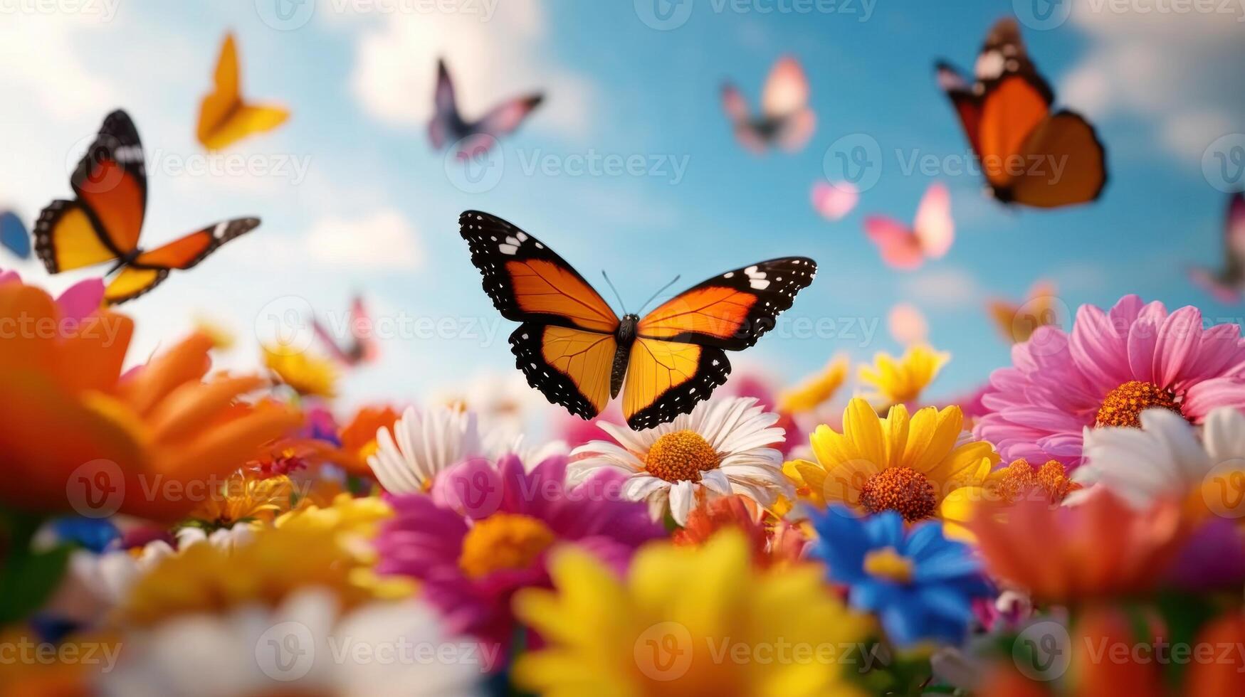 Butterflies fluttering around a vibrant bed of fresh flowers in sunny weather photo
