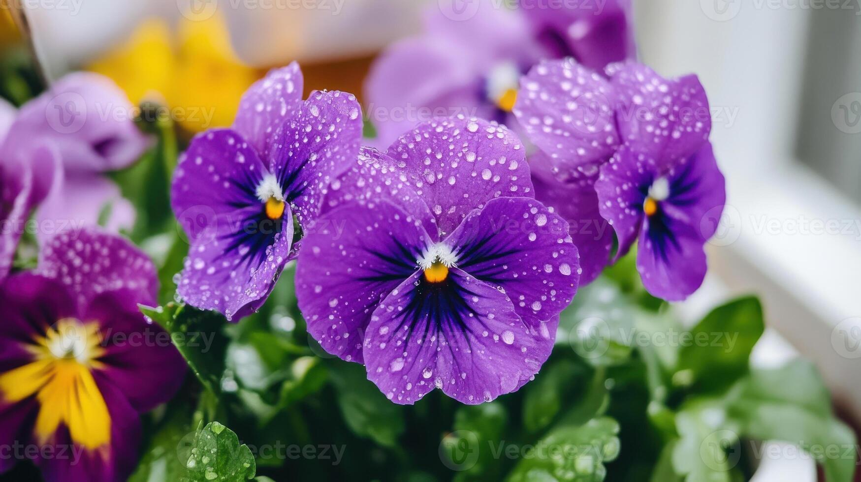 Blooming purple flowers covered in delicate droplets after a gentle rain photo