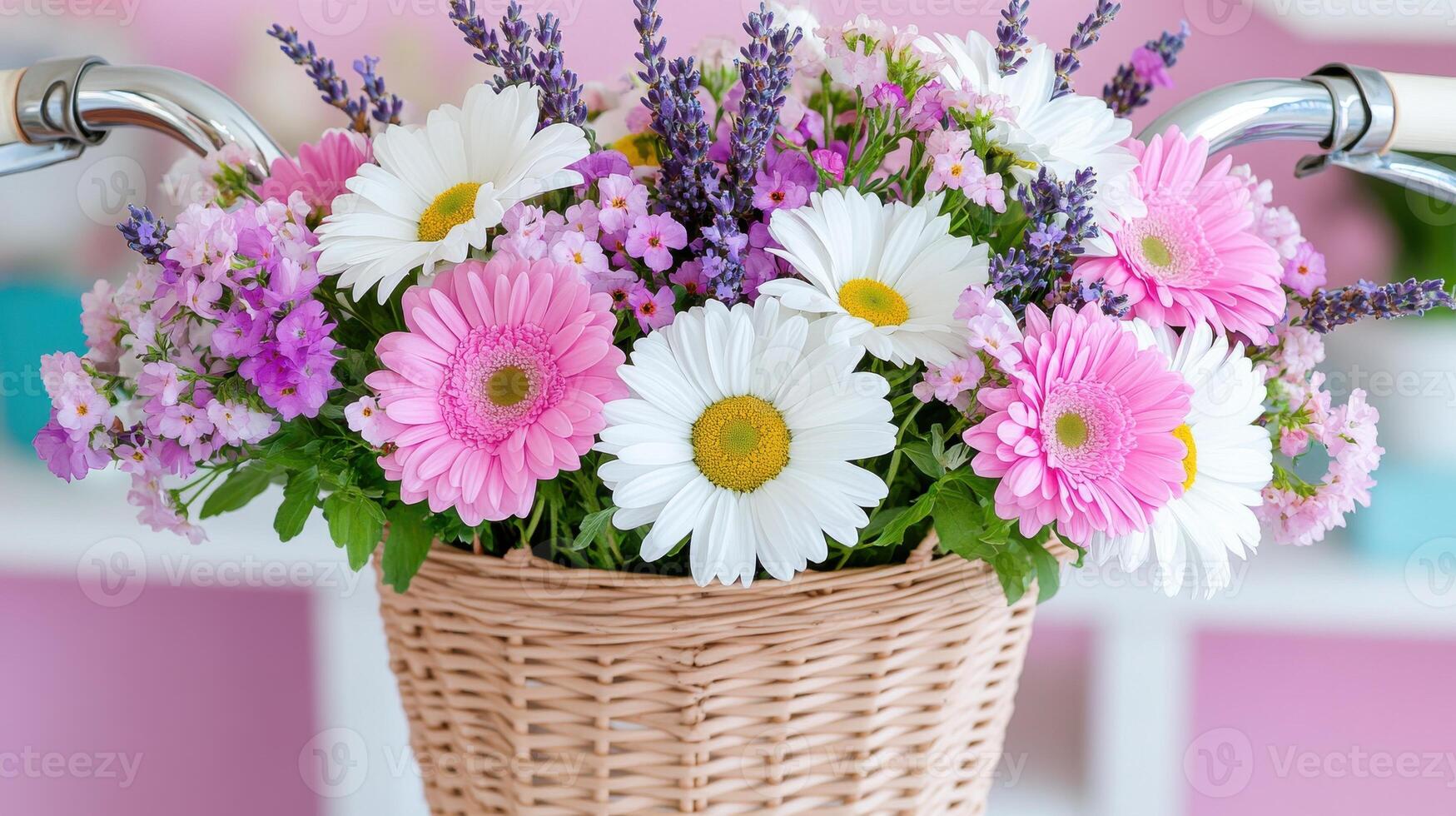 Vintage bicycle with a woven basket full of colorful flowers placed in a cozy room with pastel-colored walls photo