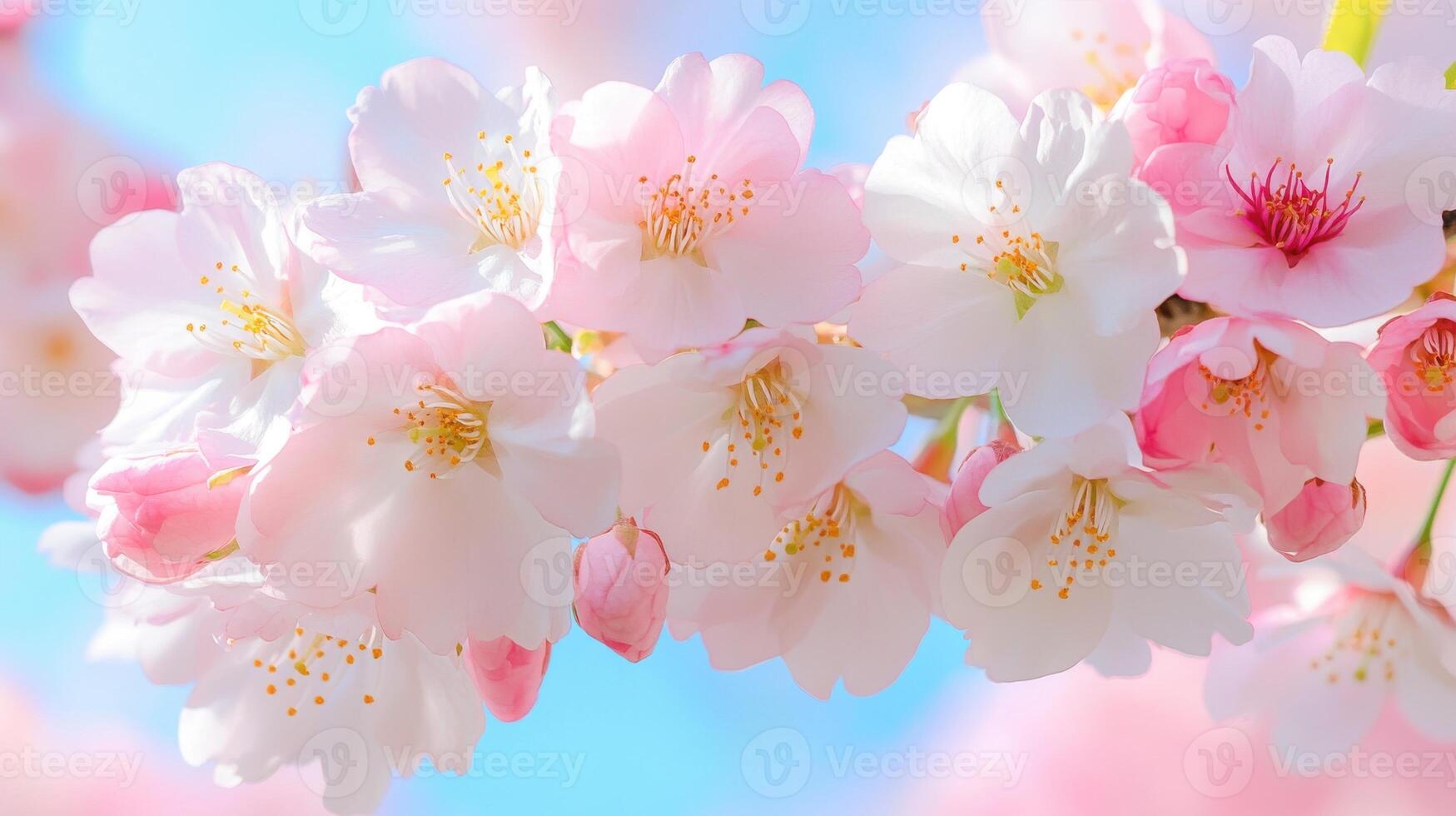 suave rosado y blanco Cereza flores crear un sereno primavera atmósfera en contra un azul cielo en un tranquilo jardín ajuste foto