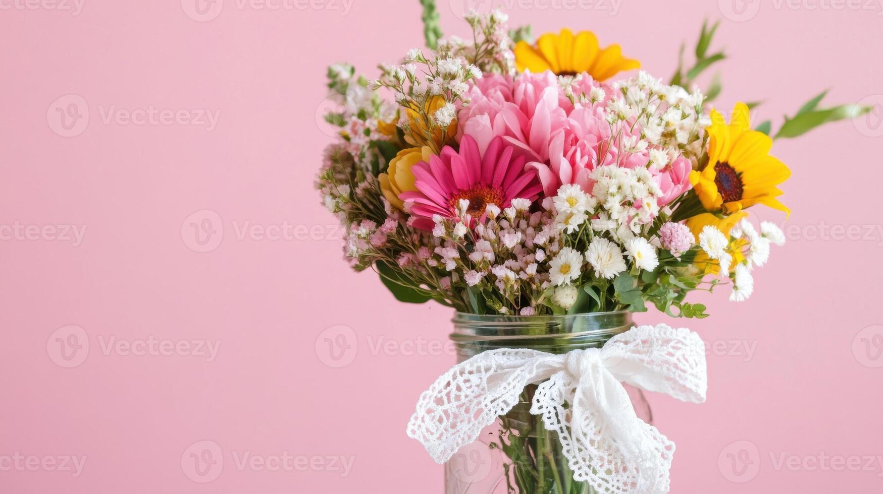 Colorful bouquet of flowers in a mason jar against a soft pink backdrop photo