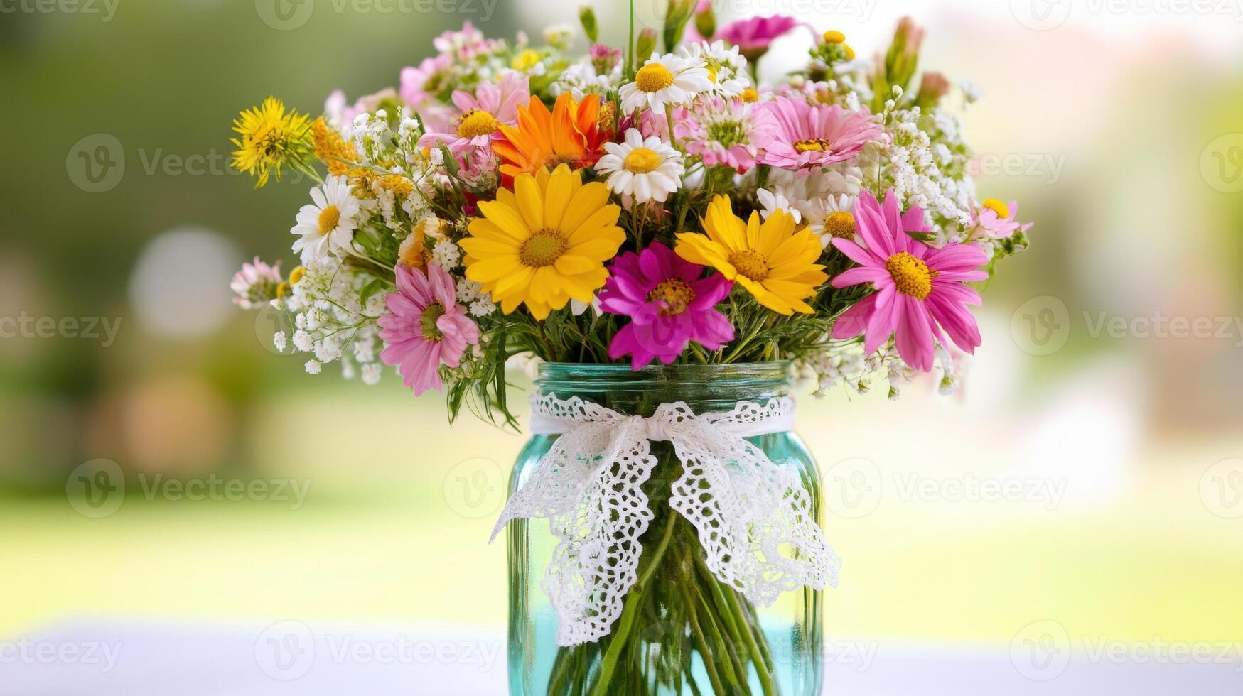 Bright bouquet of wildflowers in a mason jar on a warm sunny day in a garden setting photo