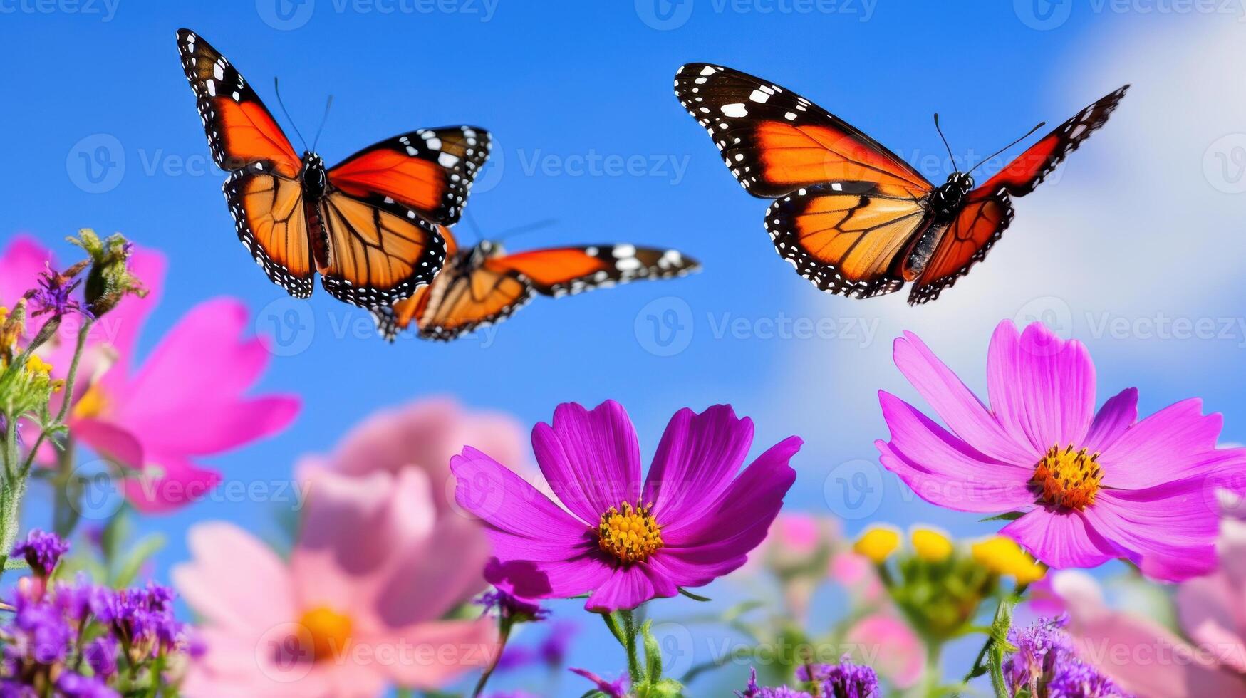 Butterflies flutter among vibrant flowers under a clear blue sky in a peaceful garden setting filled with life photo