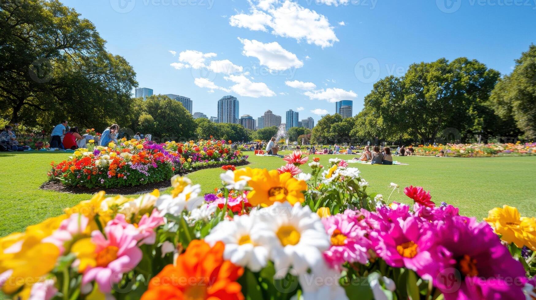 Enjoying a sunny afternoon among vibrant flowers in a city park while people relax and socialize photo