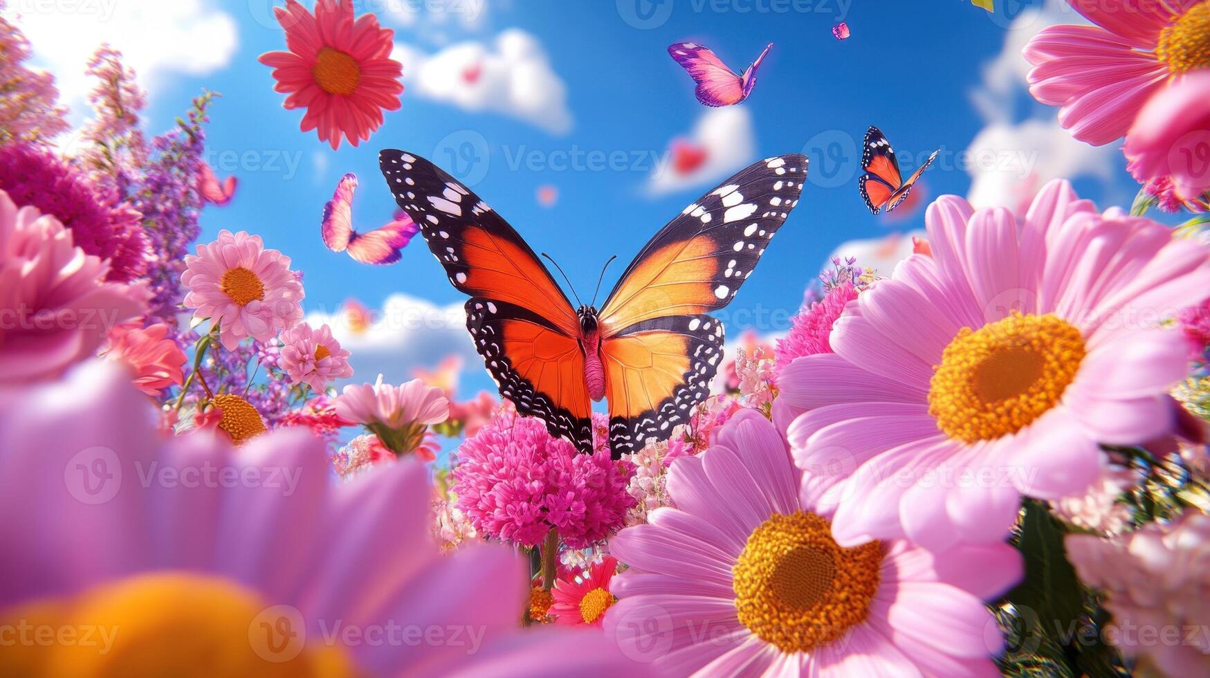 Colorful butterflies fluttering gracefully among vibrant flowers under a bright blue sky during a sunny afternoon photo