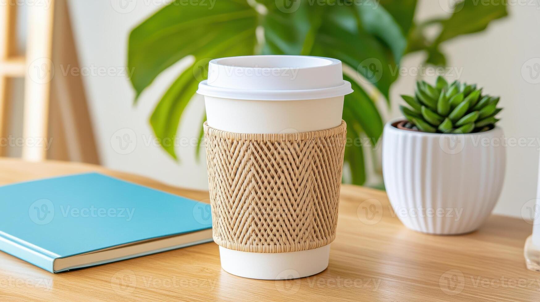 Eco-friendly workspace essentials for a productive day with sustainable coffee options and greenery photo
