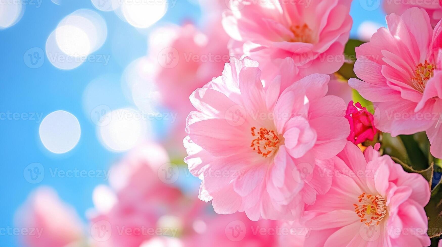 Pink blossoms create a vibrant, blurred backdrop under bright sunlight in the garden photo
