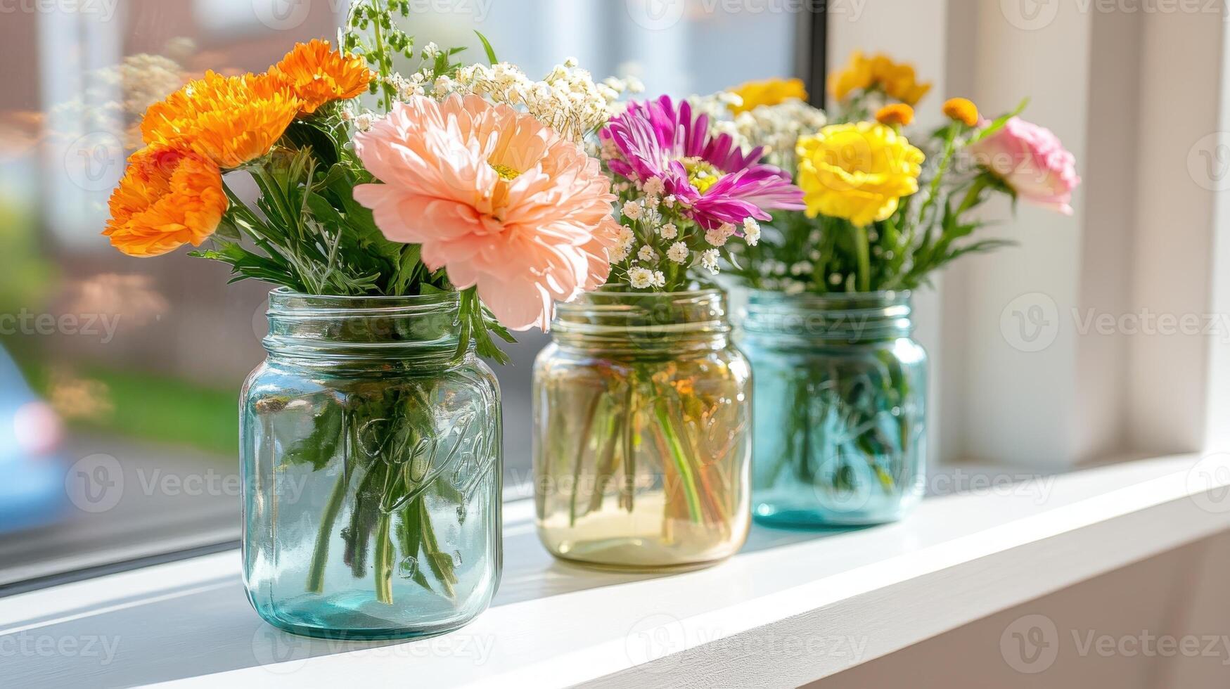 Wildflower jars displayed on a vintage windowsill in bright sunlight creating a cheerful atmosphere photo