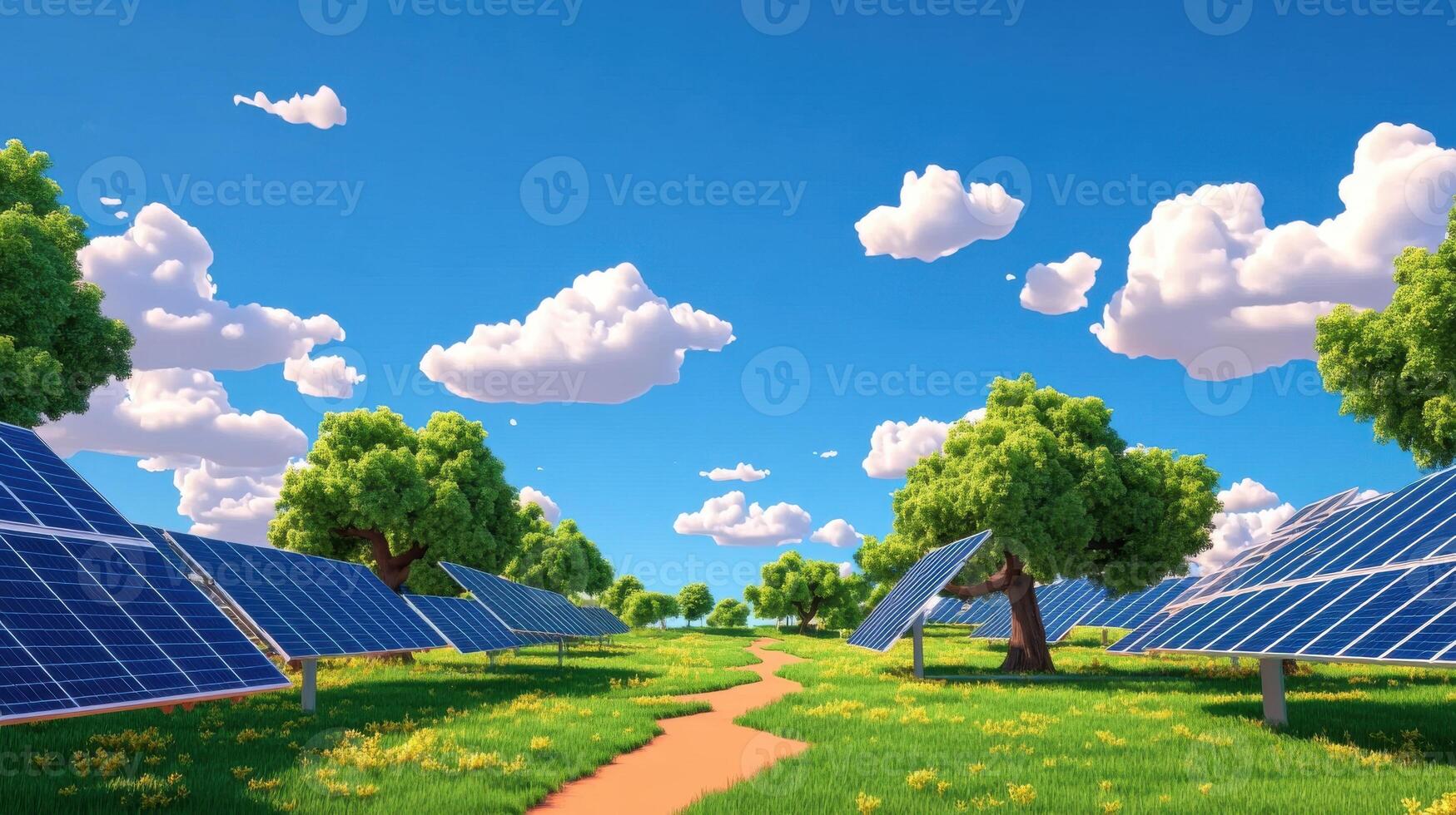 Solar panels harnessing renewable energy in a lush green pasture under a bright blue sky photo