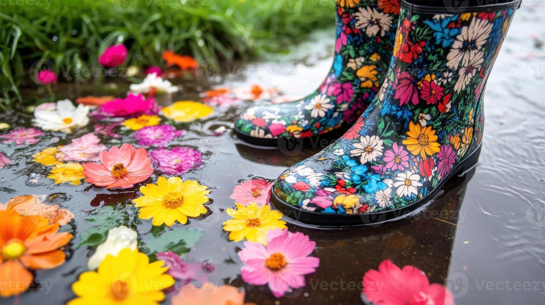 Colorful spring flowers surround a puddle with vibrant rubber boots standing beside the blooms photo