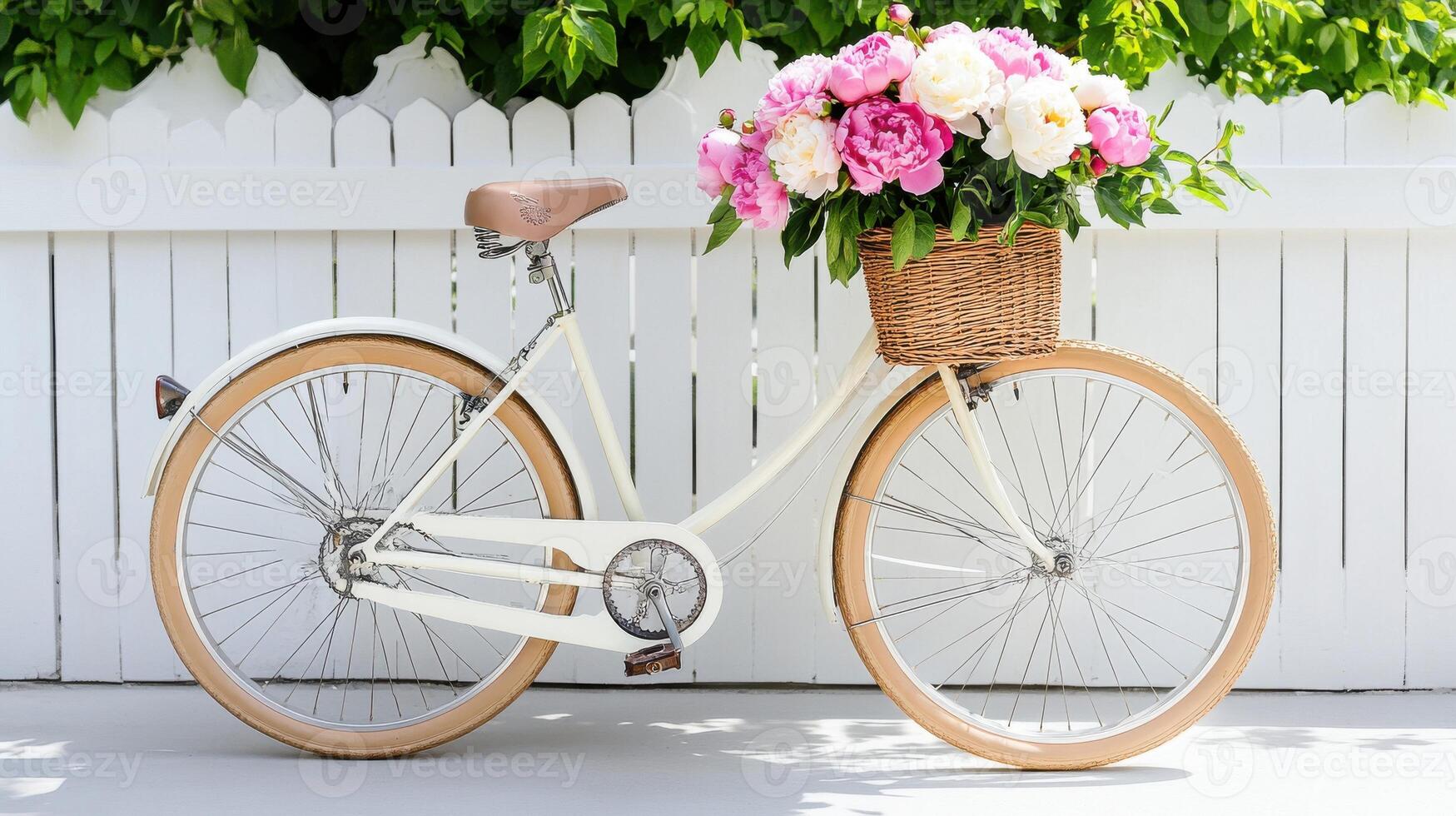 bicicleta decorado con un cesta desbordante con vibrante peonías en un soleado al aire libre ajuste foto