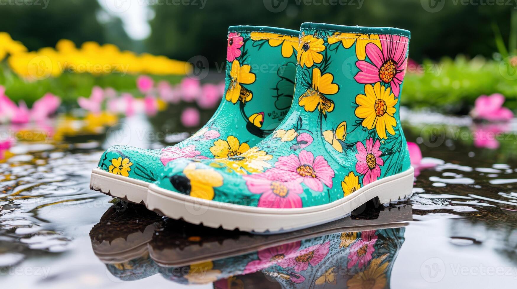 Bright spring flowers bloom vibrantly around a puddle with colorful rain boots resting nearby photo