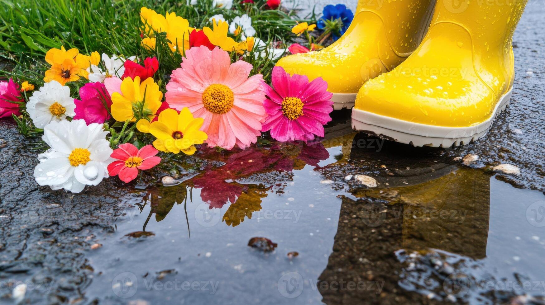 Vibrant spring flowers bloom around a puddle with bright yellow rain boots nearby photo