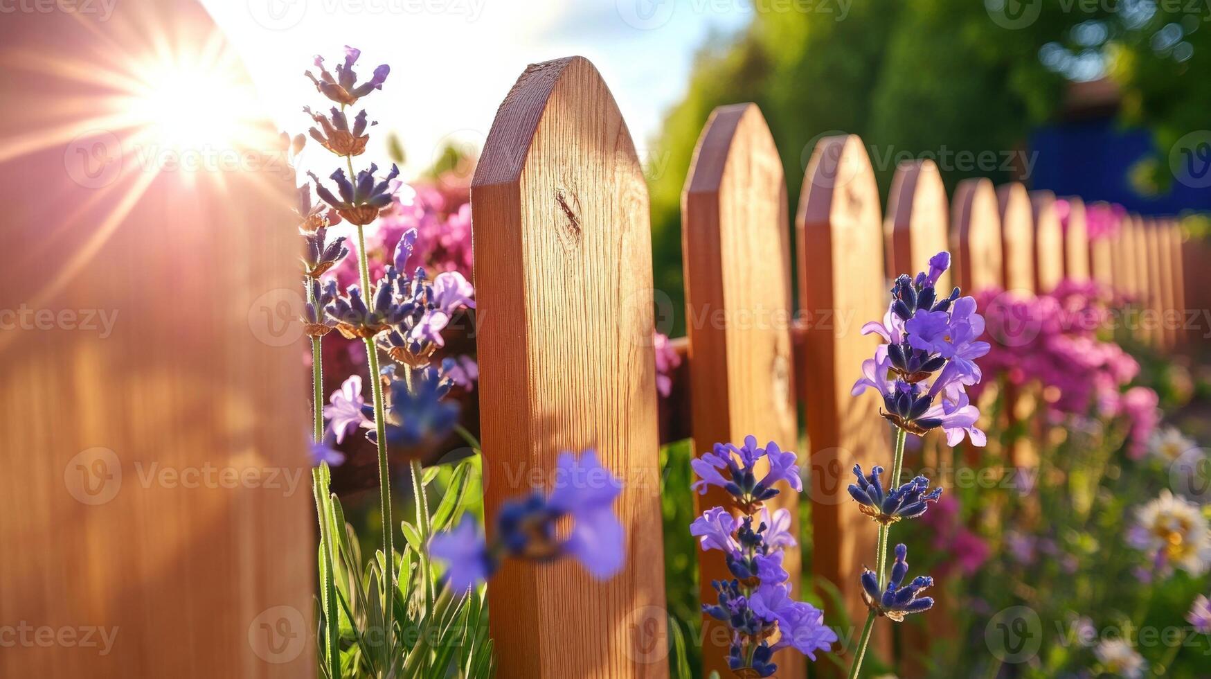 Sunlight shines through wooden fence panels intertwined with vibrant flowers in a lively garden setting photo
