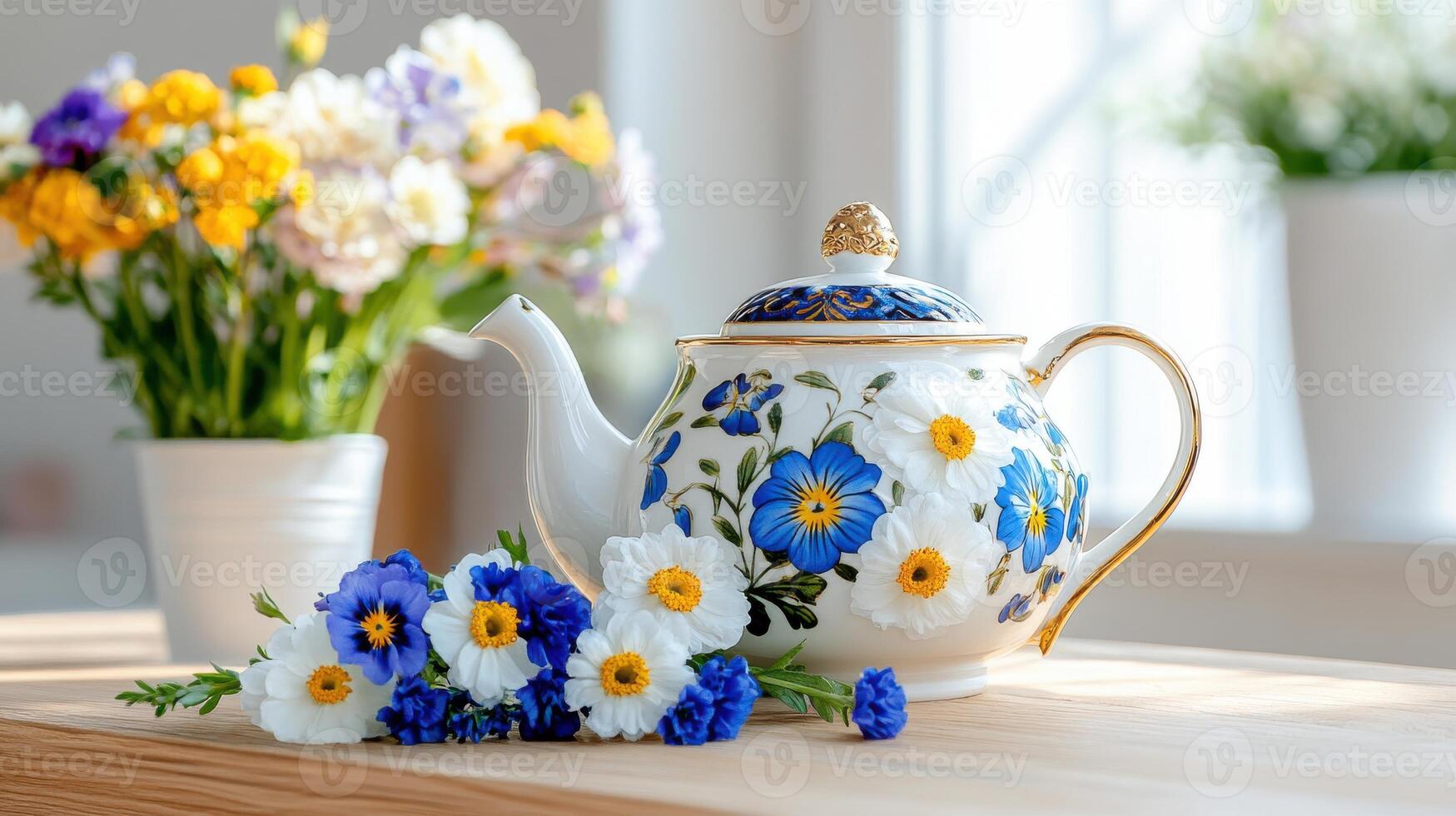 Spring flowers beautifully arranged on a table with a delicate teapot featuring vibrant colors photo