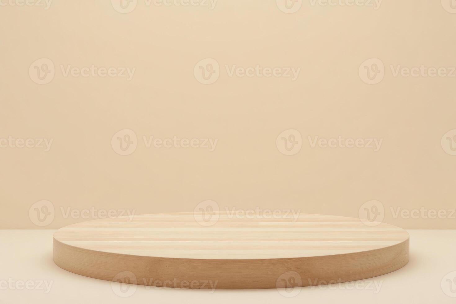A Large wooden circular platform on a beige background, the platform is made of light-colored wood with a smooth, rounded edge photo