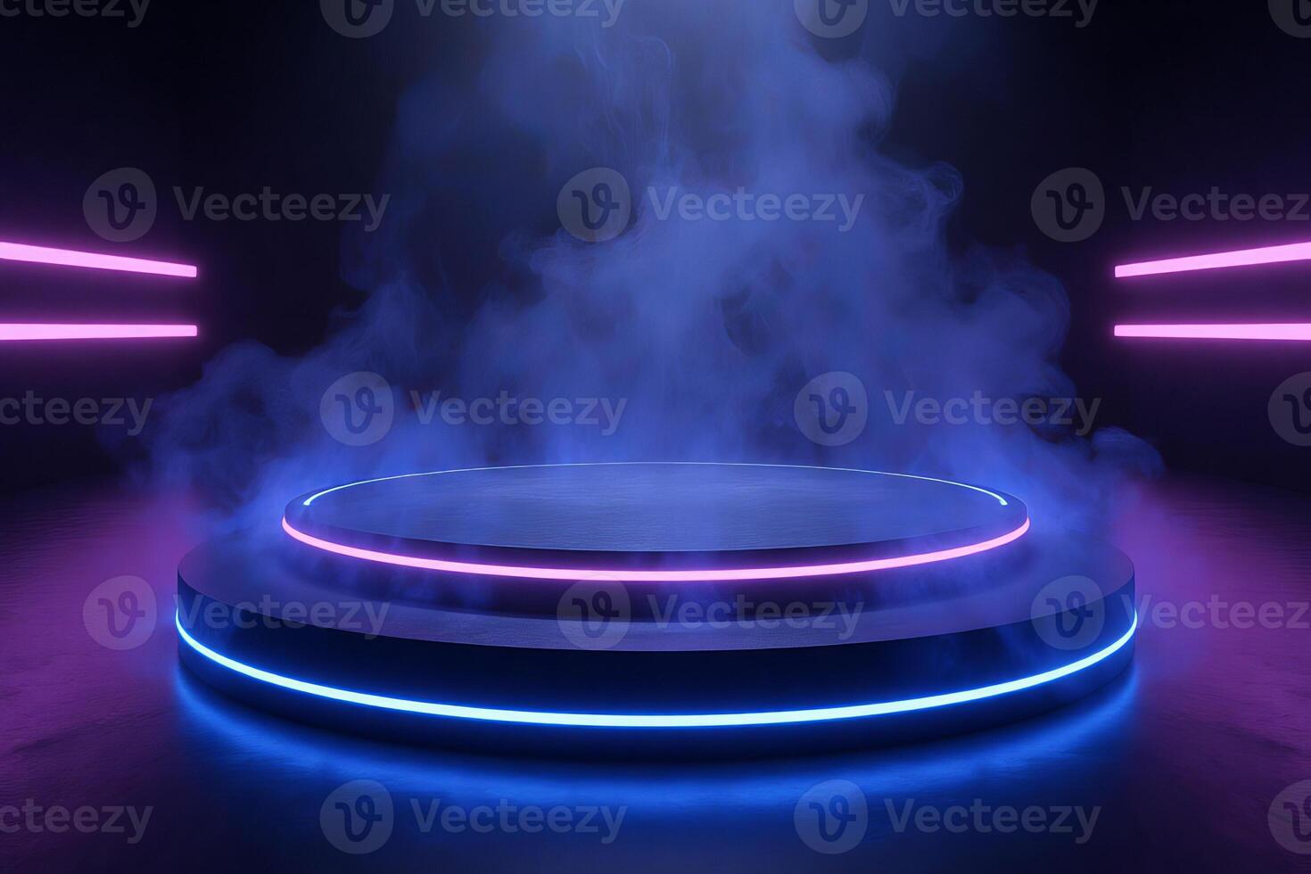 A neon podium with blue and pink lights, smoke in the background, dark environment, product display photo