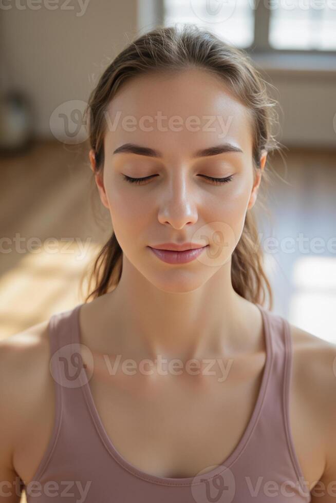 A close-up portrait of a yoga instructor in a meditation pose, eyes closed, with a serene expression photo