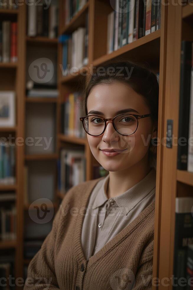 A close-up portrait of a librarian wearing glasses and a sweater, standing between bookshelves with books slightly out of focus behind photo