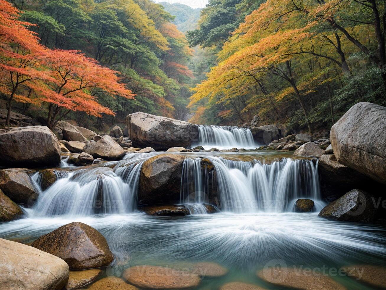 Illustration of A river flows over rocks surrounded by trees with fall foliage photo