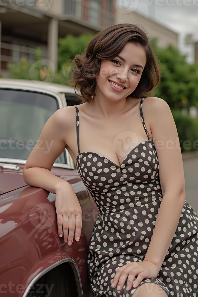 A woman in a polka-dot dress with a sweetheart neckline, leaning playfully on a vintage car photo