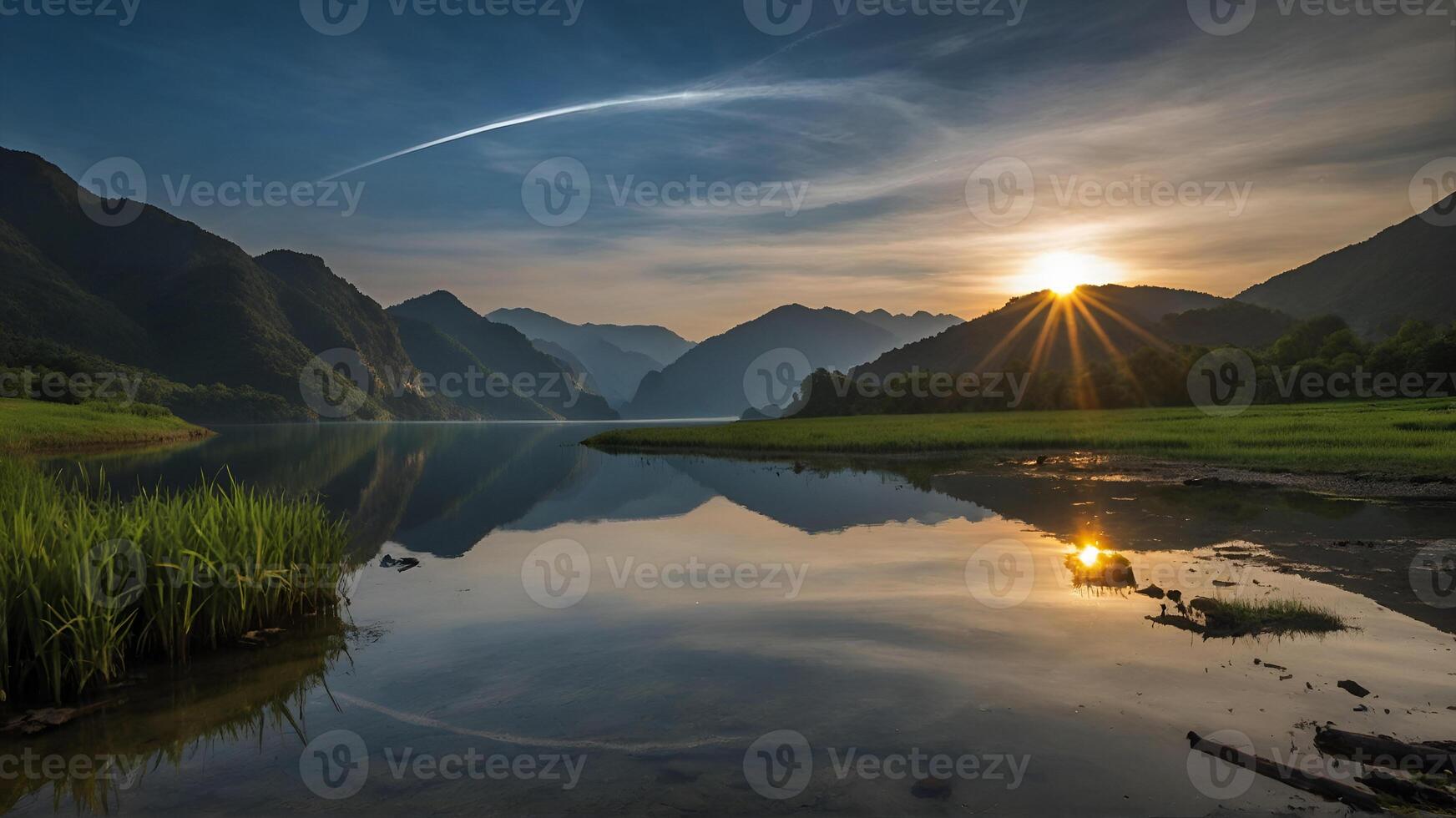 Lake surrounded by mountains with the sun rising in the background, the water reflects the mountains and the sky photo