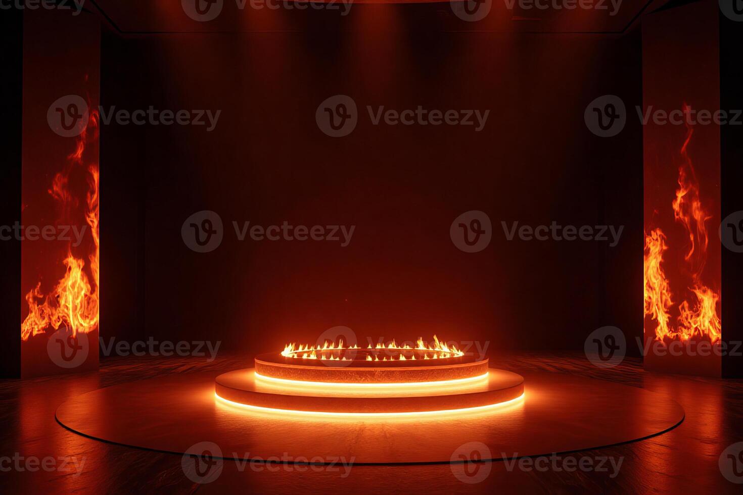 A circular platform with fire in the center, illuminated by orange neon lights, dark background with spotlights, creating a dramatic and fiery atmosphere photo