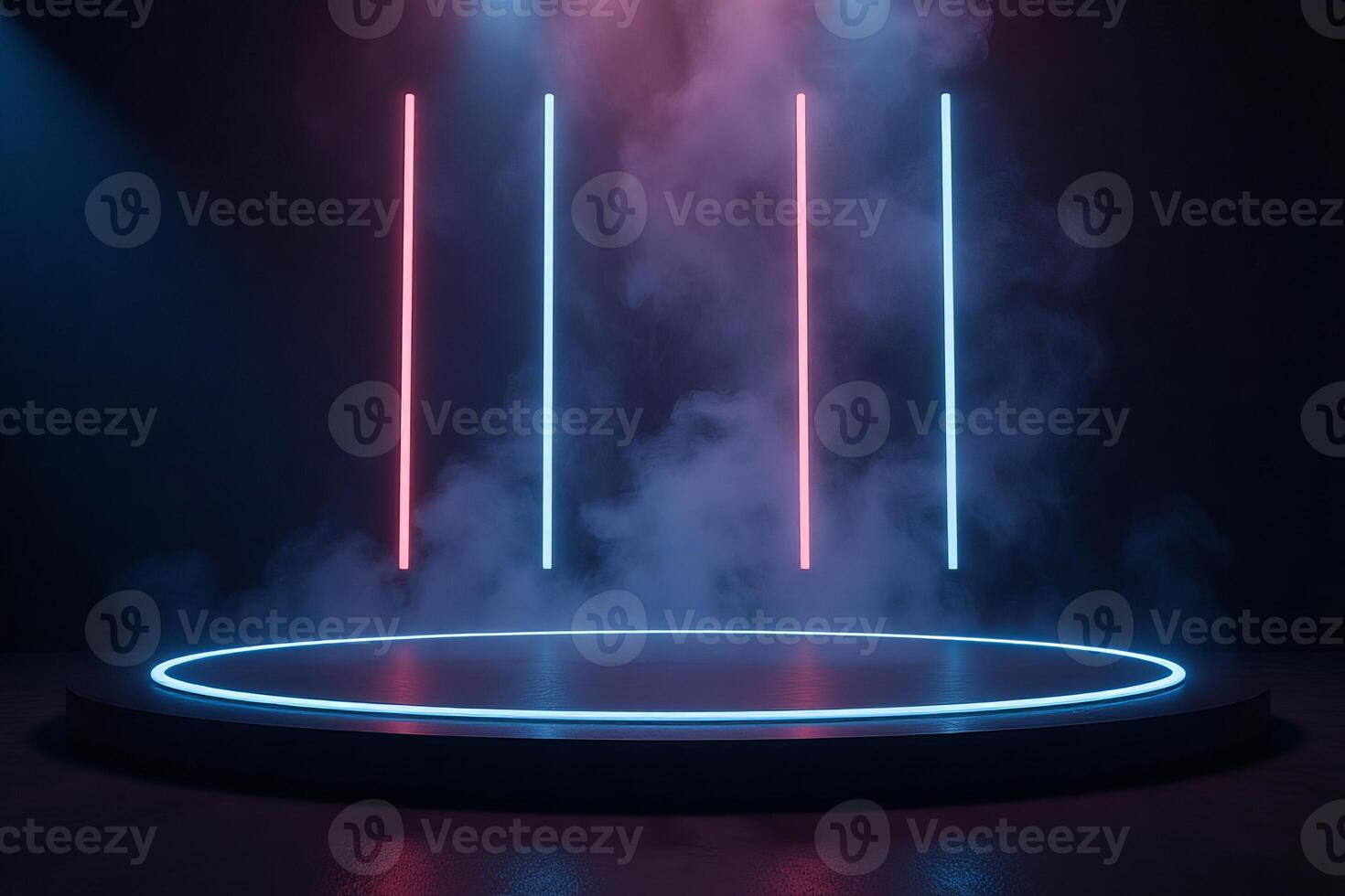 A stage with a neon circle, three neon lines in the background, smoke and blue and red lights photo