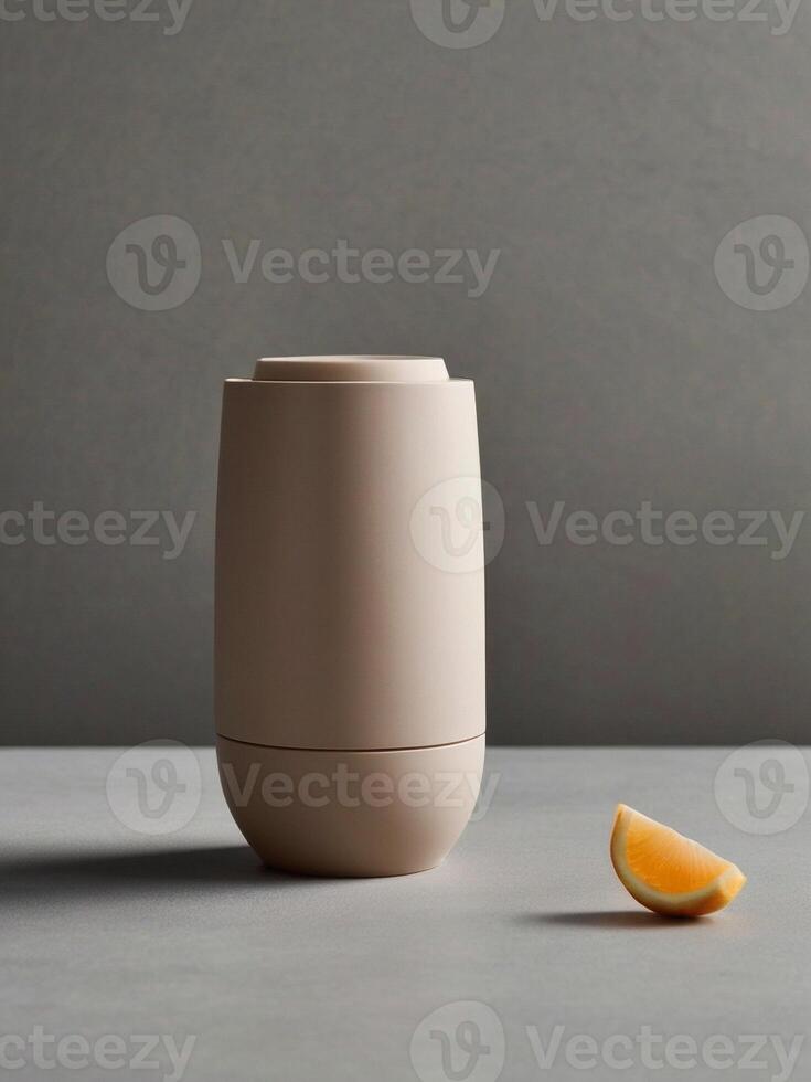 A sleek, modern water bottle in a neutral beige color stands on a concrete surface in front of a grey wall photo